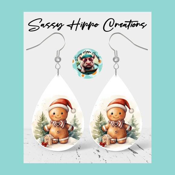Earrings Gingerbread Man Santa Christmas Holiday Season Hand Sublimated Printed - Picture 1 of 3